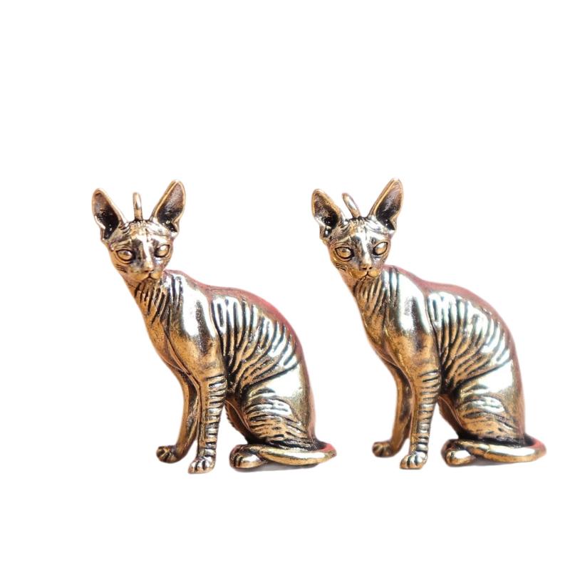 Vintage Animal Figurines Model Lucky Home Decorations Crafts Accessories Solid Brass Hairless Cat Small Statue Desktop Ornaments