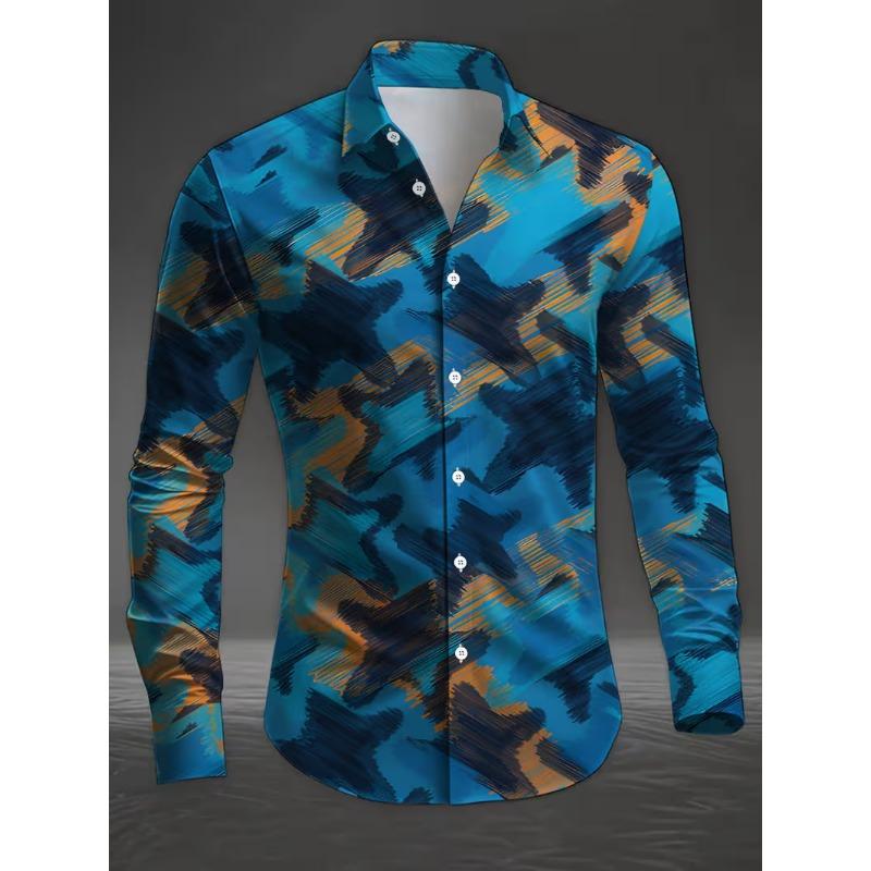 New men's fashionable 3D animal printed shirt with casual long sleeves and flower button design, fashionable shirt top