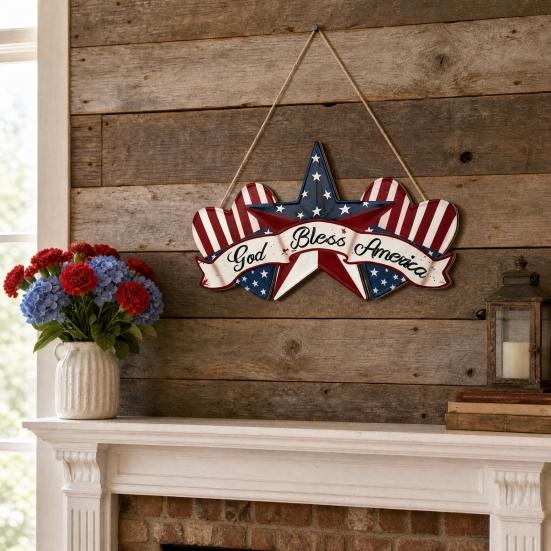 Yousheng Independence Day Wooden Sign, Rustic God Bless America Wall Hanging Decor with Red White Blue Stars and Stripes, Patriotic Wood Plaque for