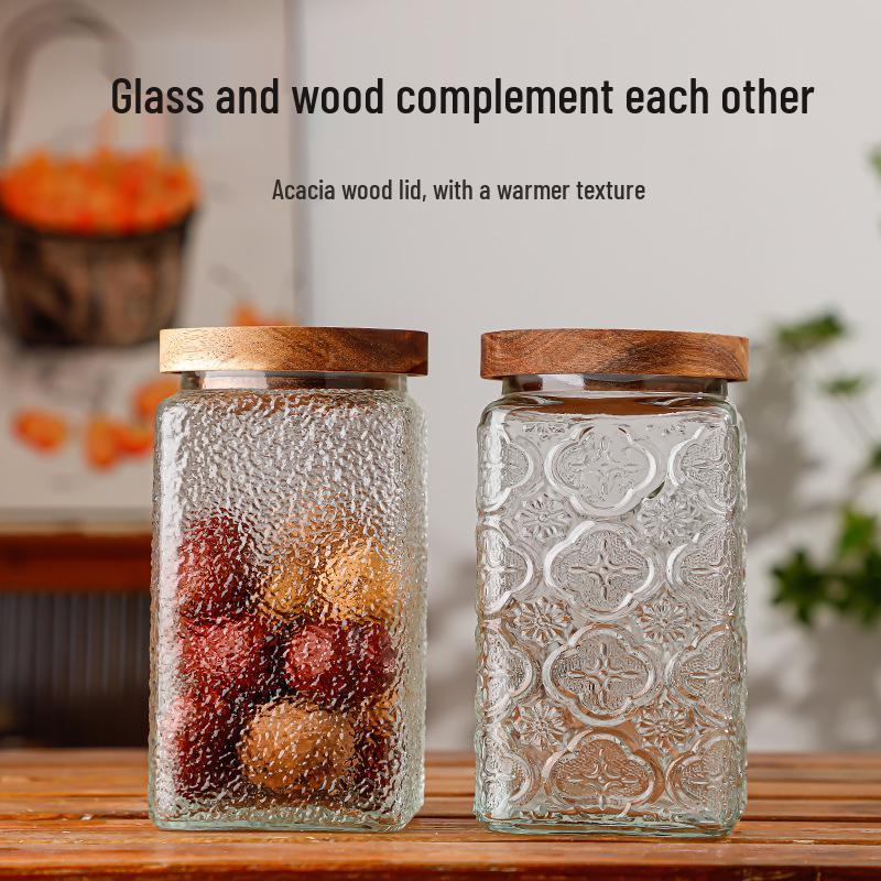 Retro Carved Storage Jar with Acacia Wood Lid for Grains, Dried Fruits, and Snacks