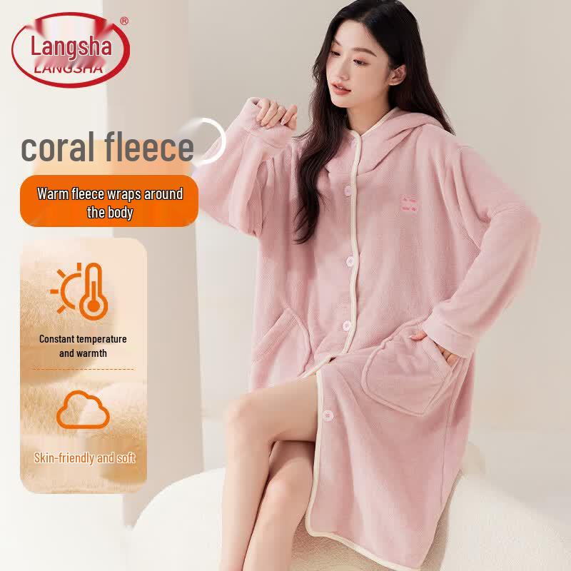 Lonsa Women s Hooded Plush Coral Fleece Long Bathrobe XL