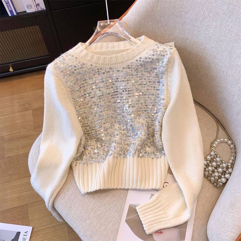 Heavy Industry Sequined Short Round Neck Pullover Knitted Sweater Autumn and Winter New Sweet Temperament Design Sweater