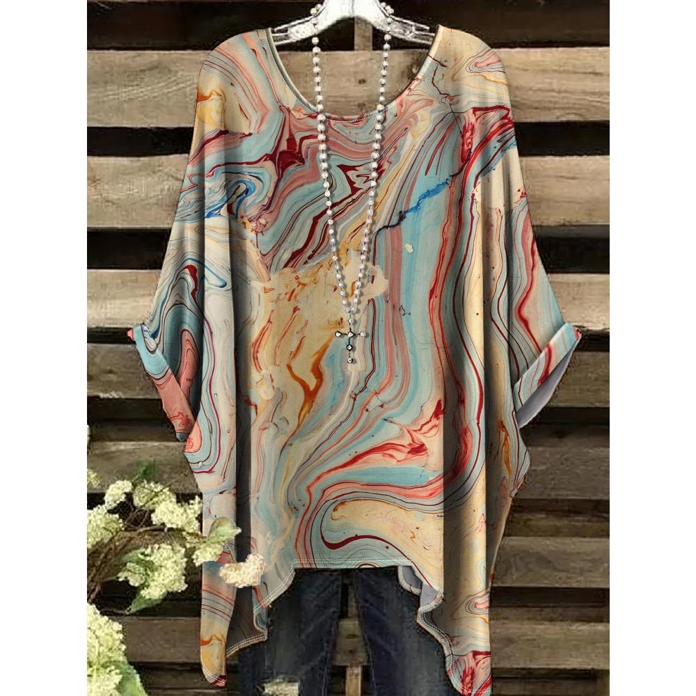 

Новые футболки 2025 года для женщин с золотистым мраморным принтом, универсальные, машинная стирка, летний комфорт, короткий рукав, моющиеся, богемная винтажная одежда 5XL