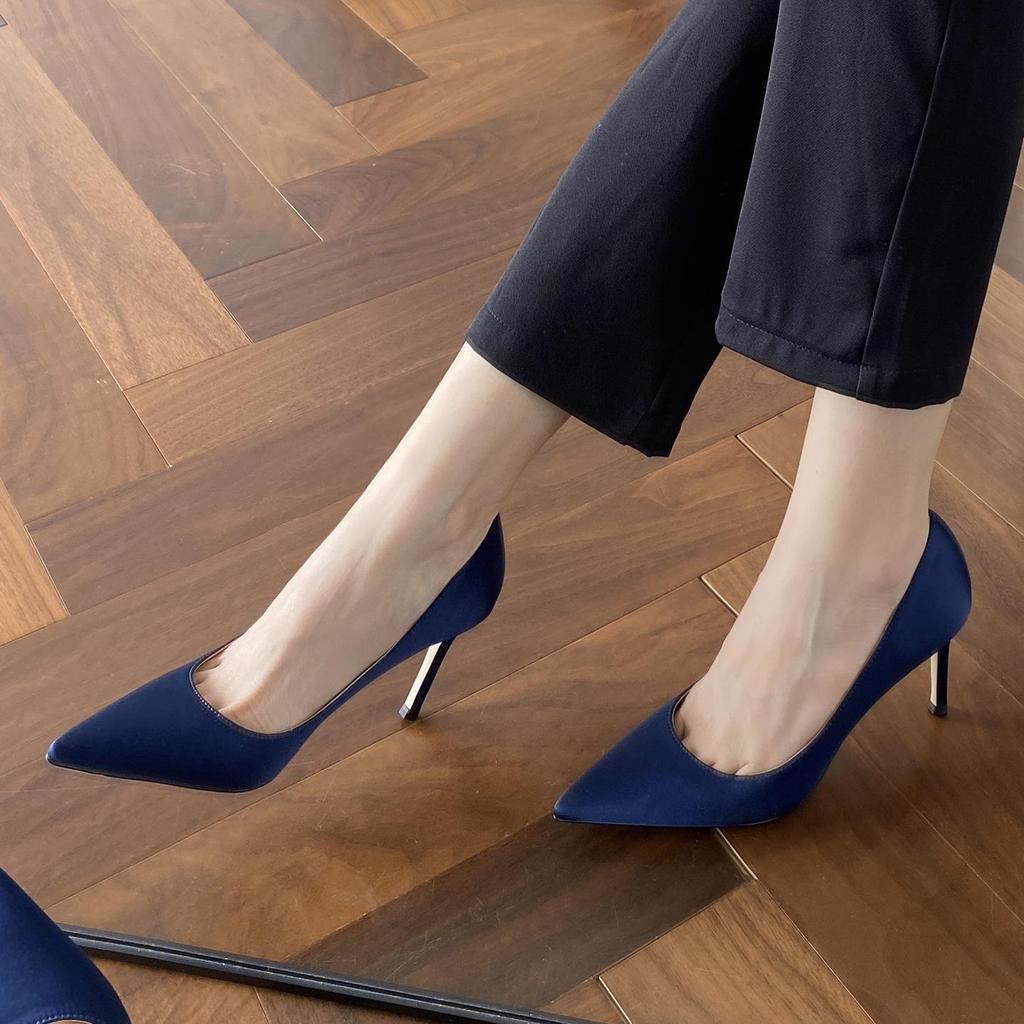 Women's Satin High Heels: Comfortable, Thin Heel, Pointed Toe, Blue, Spring-Autumn Style, Classy Work Shoes.