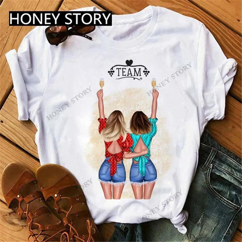 Summer Fashion Best Friends T-Shirt Short Sleeve Graphic Tees for Ladies Good Friend Bestie Sister Outfit Polyester Fabric