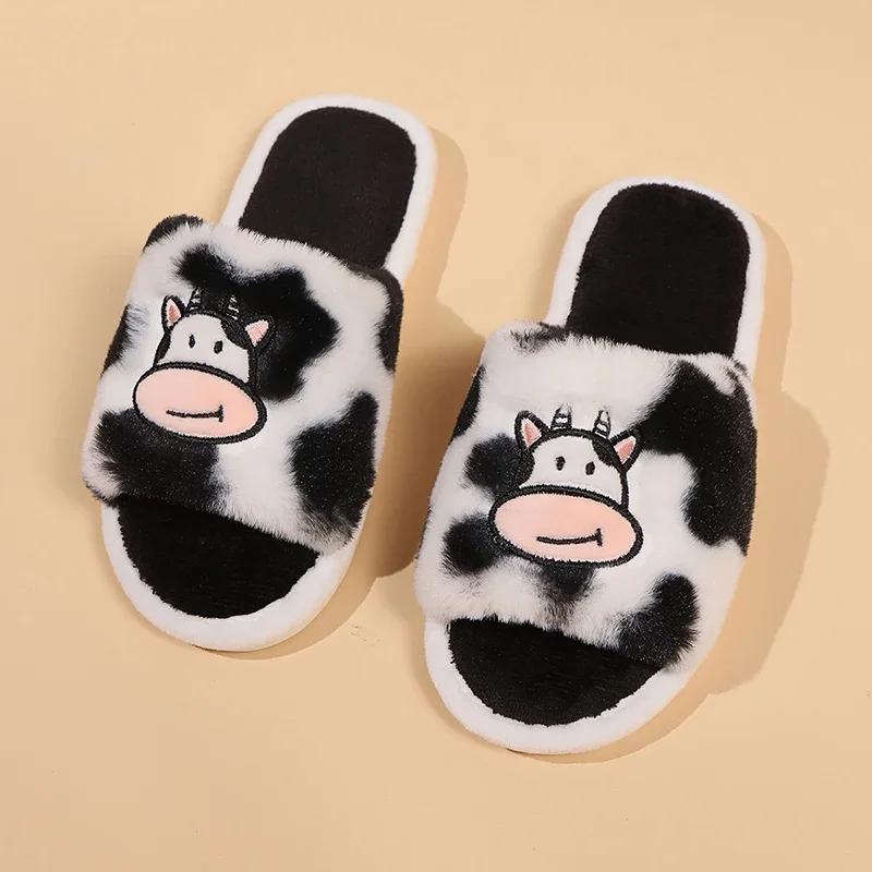 Fashion Casual Plush Slippers Women Winter Open Toe Keep Warm Fluffy Slides Woman Shoes Lightweigeht Non-Slip Warm Home Cotton Slippers