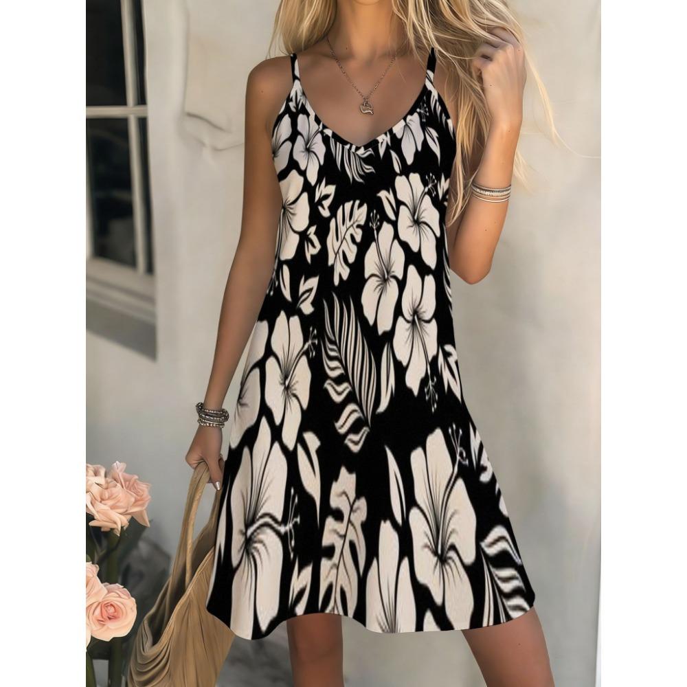 Damen Casual Boho-Stil, Sommer Tiefes V-Ausschnitt Spaghettiträger Midi-Kleid
