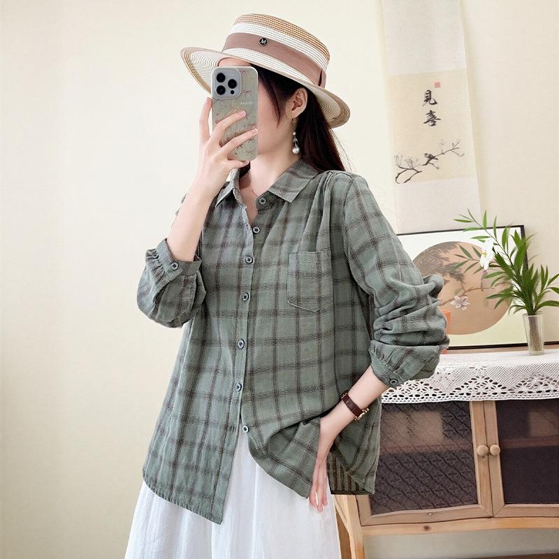 New retro casual style double-layer cotton yarn plaid shirt Japanese simple and versatile pure cotton loose long-sleeved shirt women