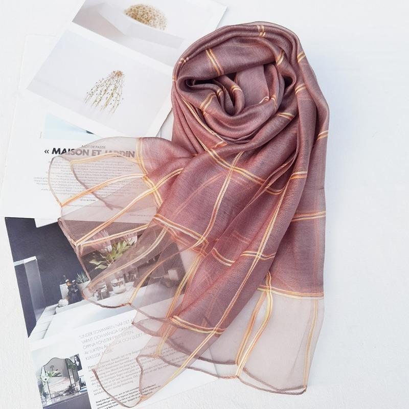 New Checkered Silk Scarf for Women, Solid Color Sunscreen Shawl Gold Thread Mulberry Silk Scarf for Women