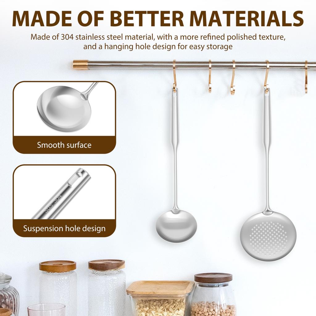 Stainless Steel Soup Ladle and Slotted Spoon Cooking Utensil Set Rustproof Slotted Spoon and Soup Ladle Set for Kitchen Gadgets