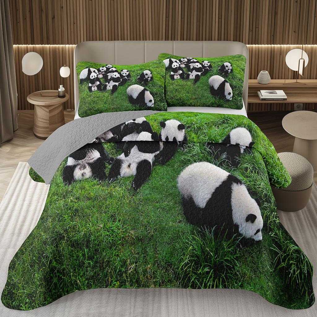 White And Black Panda Bedspread Set Kawaii Bamboo Botanical Twin Quilt Set Cute Panda Themed Coverlet Wild Animal Bedding Set