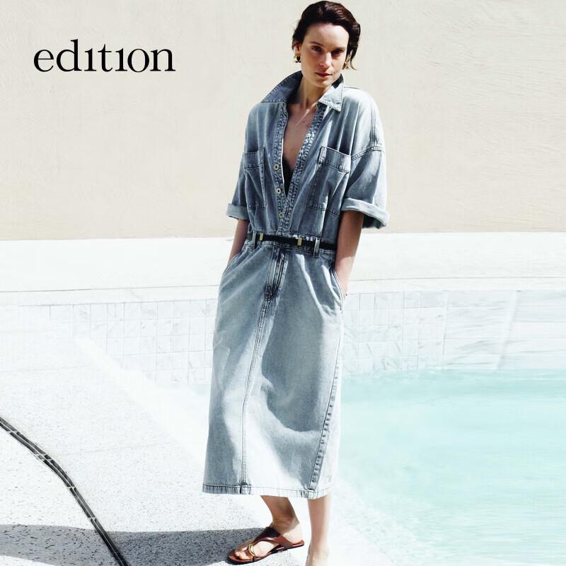 

Edition Retro Blue Wide-Sleeve Belted Denim Dress L