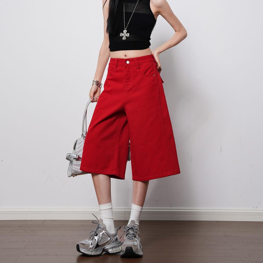 Fashion Bright Red High Waist Straight Wide Leg Cropped Capri Denim Pants For Women Loose Fit Trendy Versatile Slimming FigureFlattering Capri Pants