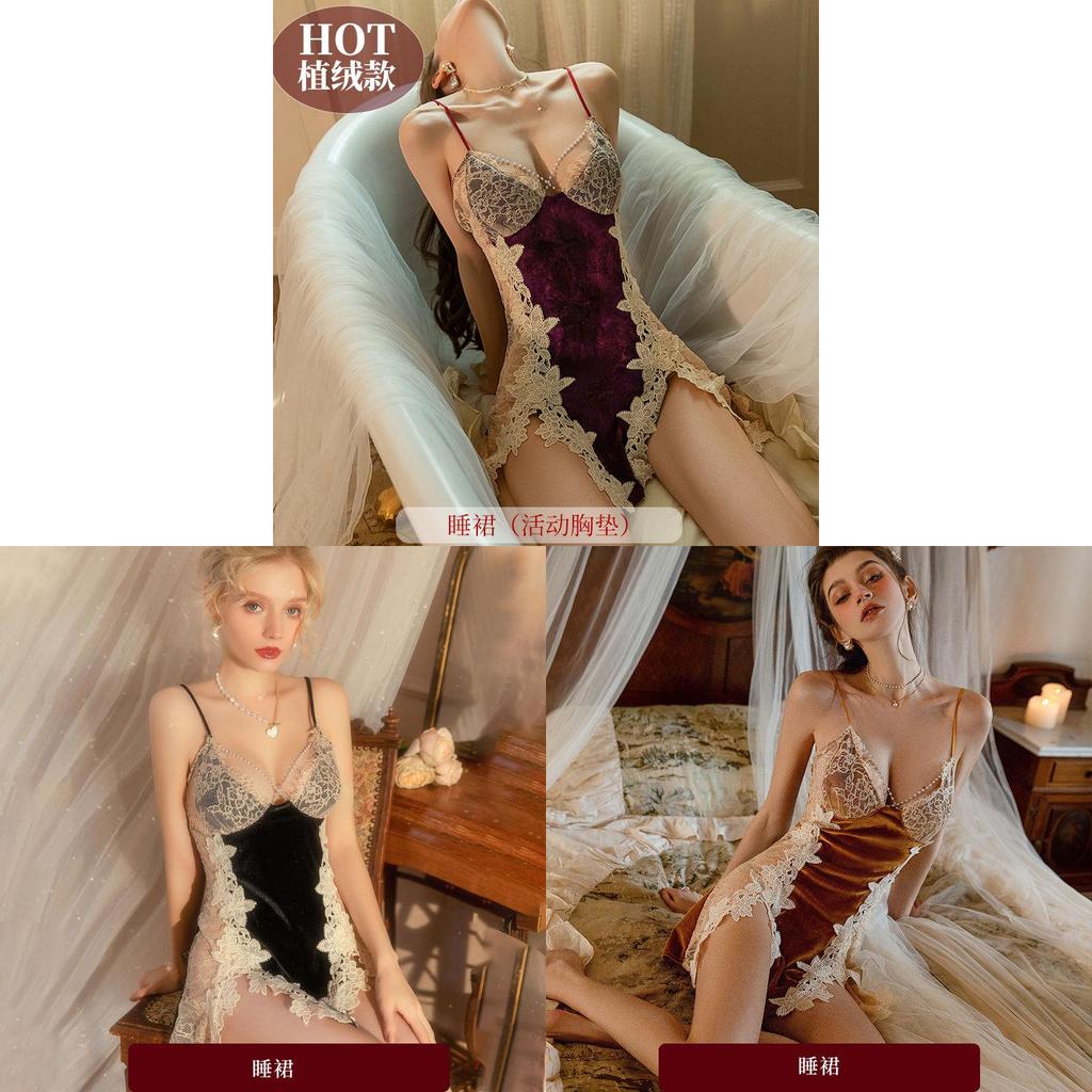 French Lace Velvet Sleepwear Set With Vneck Design For Women Home Use