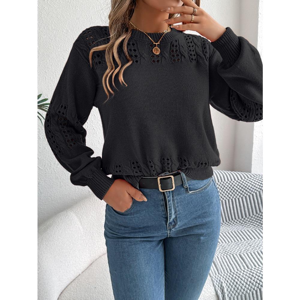Women's Sweatshirt Casual Solid Colour Openwork Lantern Sleeve Pullover Knit Top