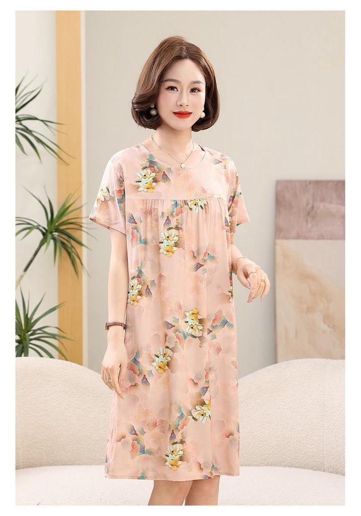 Summer Cotton Silk Knee-Length Floral Dress for Middle-Aged and Elderly Women - Short Sleeved, Lightweight, Plus Size, Loose Fit