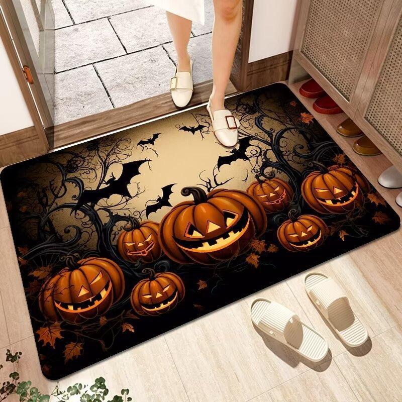 Halloween Themed Door Mat with Pumpkin Bat Pattern Non Slip Absorbent Indoor Outdoor Welcome Mat for Home Decor