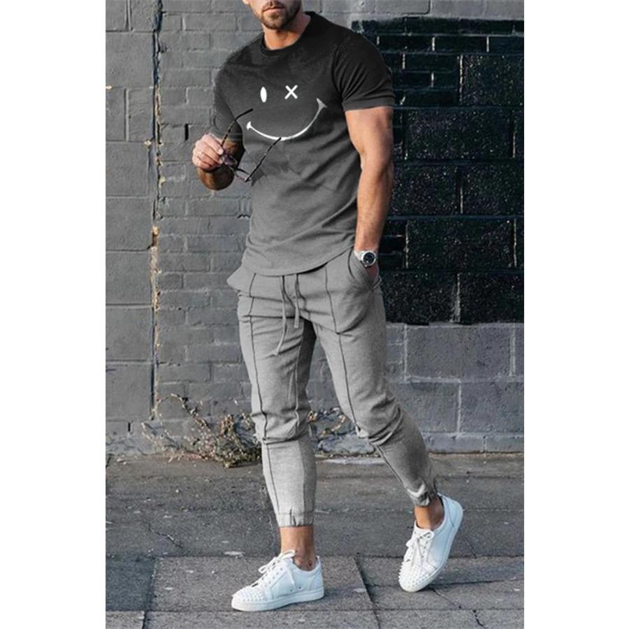 Pánské kalhoty s vtipným úsměvem, tepláková souprava, 2dílná sada, tričko s krátkým rukávem a dlouhé kalhoty, outfity, ležérní obleky, pánské oblečení