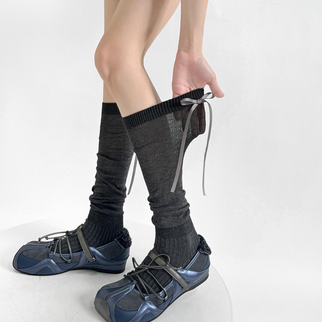 Ruffled Sheer Calf Socks with Heel Ribbons and Bows, Ballet Style, Korean Version.