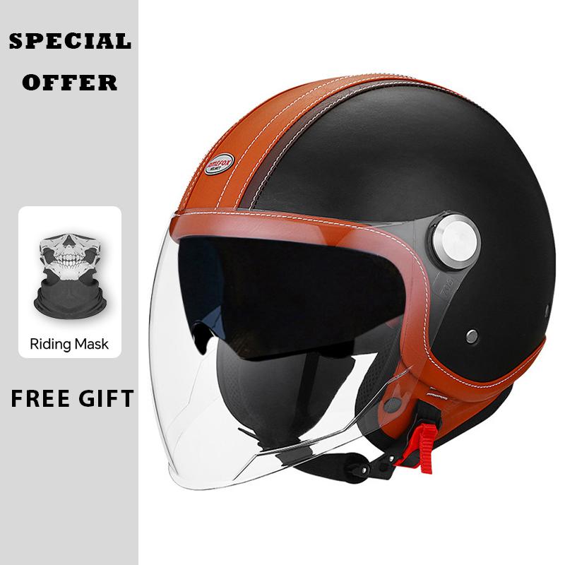 DOT Approved Jet Helmet Double Visor Leather 3/4 Open Face Helmet Safety Motorcycle Helmets Daul Lens Man Women Four Seasons