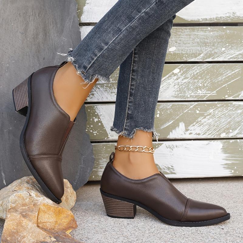 Western Style Elastic Single Shoes, British Style Pointed Toe, Thick Heel, Large Size Chelsea Small Leather Shoes for Women, 2025