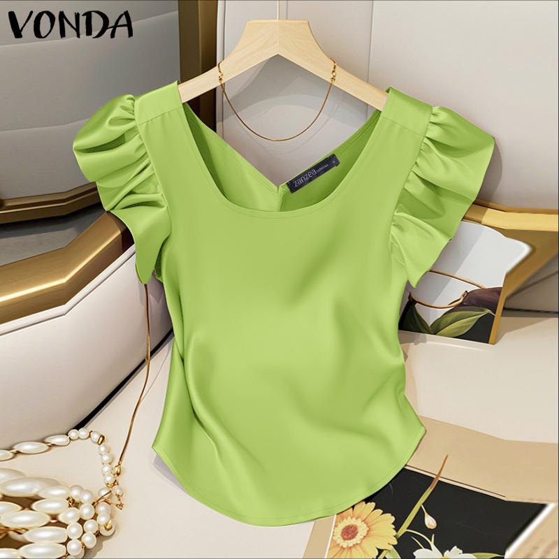 ZANZEA Women Square Collar Ruffled Short Sleeve Satin Casual Blouse