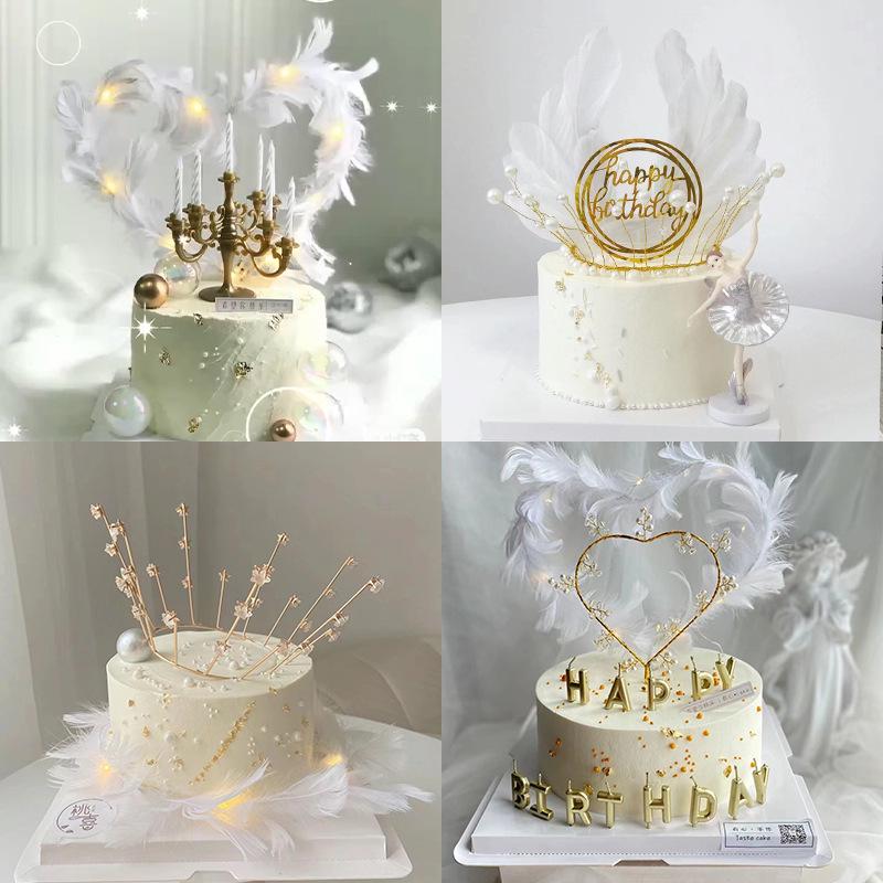 Angel Wing Feather Cake Toppers with Wire Heart String Lights