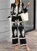 Women Printed Two Piece Outfit Lapel Long Sleeve Shirt & Elastic Waist Wide Leg Pants Casual Matching Set Fall Tracksuit