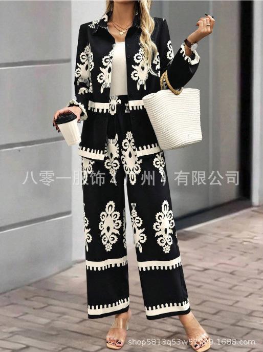 Women Printed Two Piece Outfit Lapel Long Sleeve Shirt & Elastic Waist Wide Leg Pants Casual Matching Set Fall Tracksuit