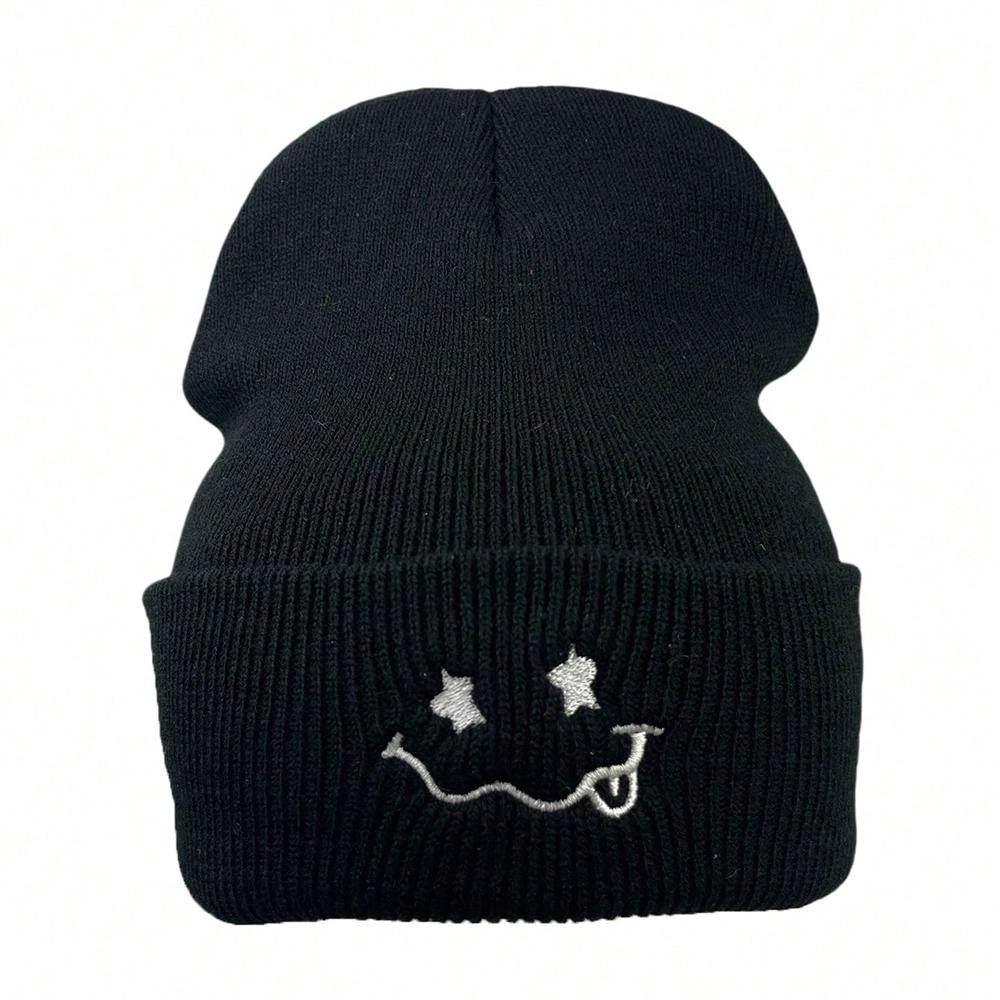 1pc Cute Expression Embroidered Knitted Hat Winter Warm And Versatile Couple Hats For Men And Women