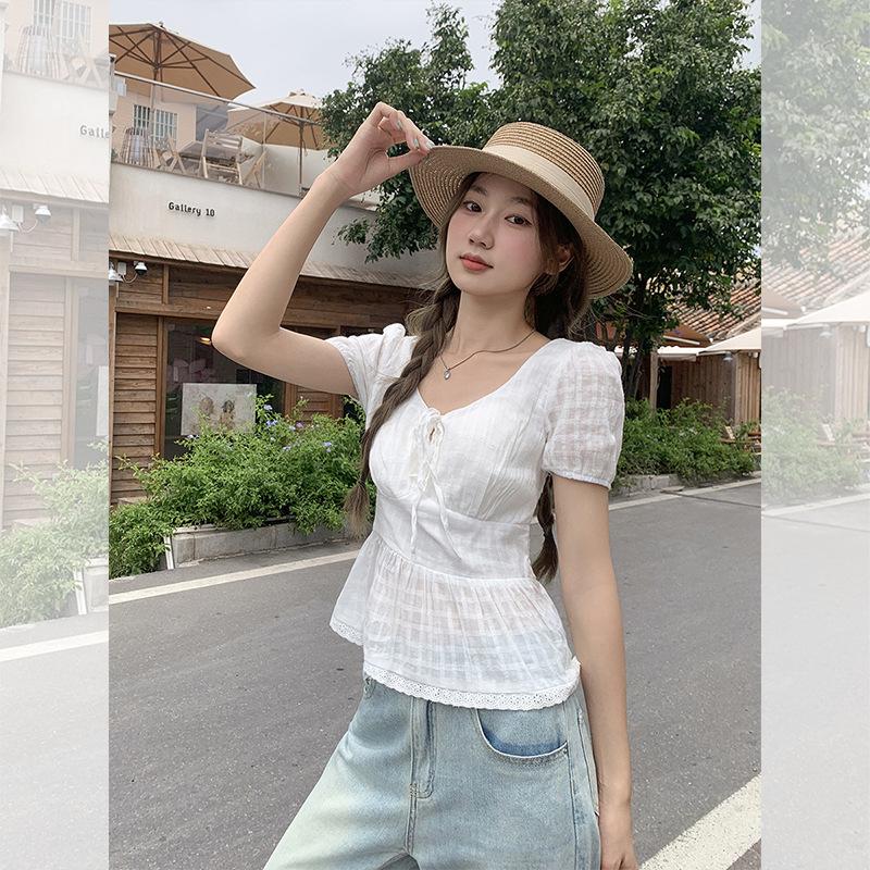 Pure Desire Style Bow Strap Short-sleeved T-shirt Women's Summer New French Age-reducing Waist Slim-fitting Short Top