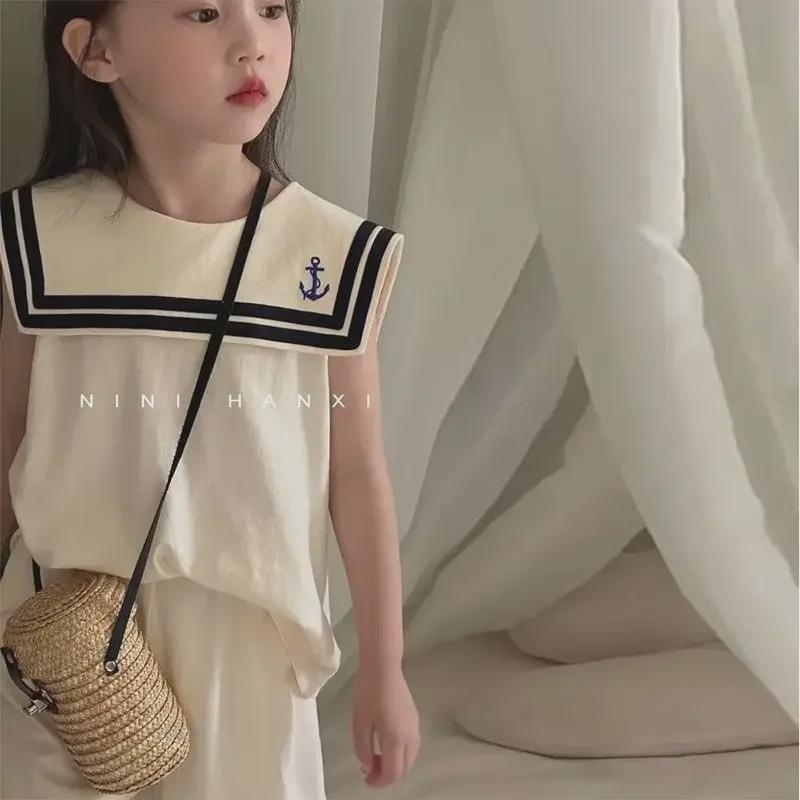 Girls' Sleeveless Navy Collar Top & Wide-Leg Pants Set - Summer Korean Style Casual Fashion