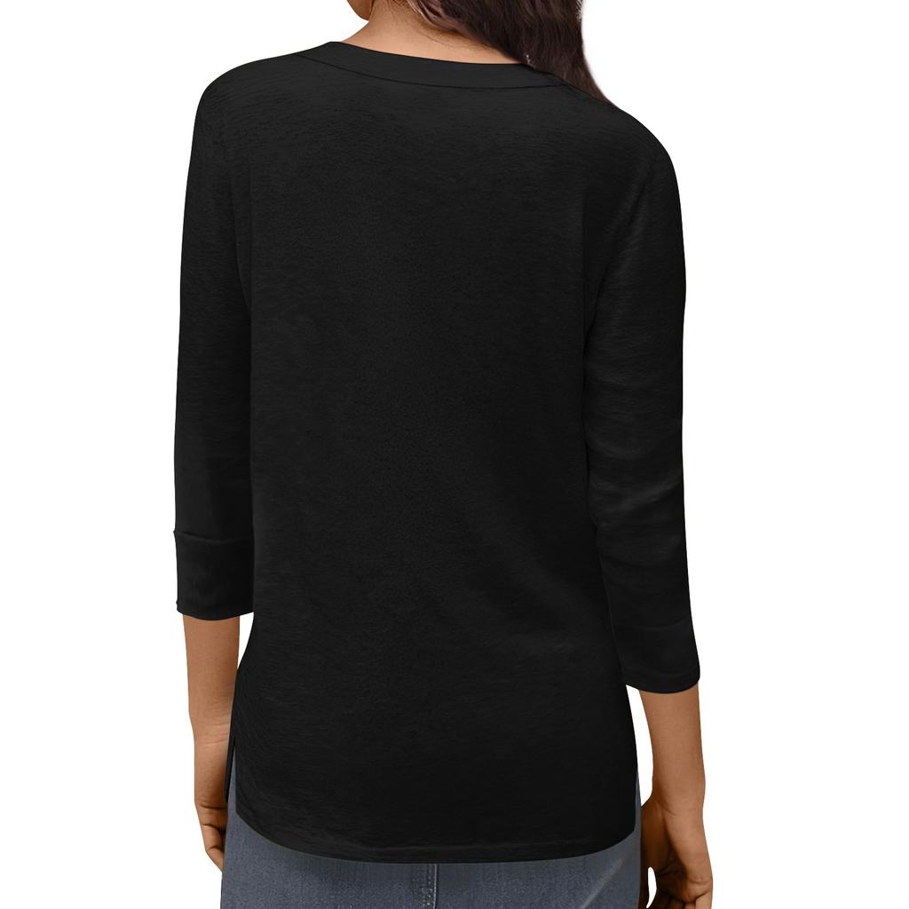 Women's Fashion Casual V Neck 3/4 Sleeve Loose Printed T-Shirt Ladies Top