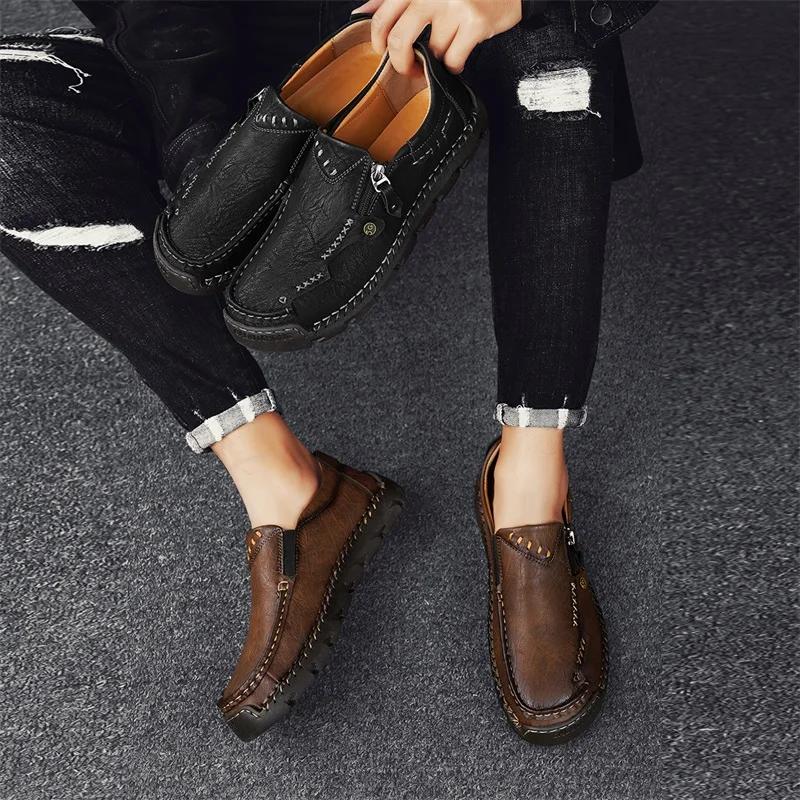 Fashion Men Shoes Hiking Treking Footwear Male Hand-stitching Breathable Leather Loafers Comfty Casual Slip-ons Loafer Man Walking Shoes