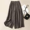 2025 summer new retro pleated solid color cotton and linen straight nine-point culottes elastic waist foreign wide-leg pants women