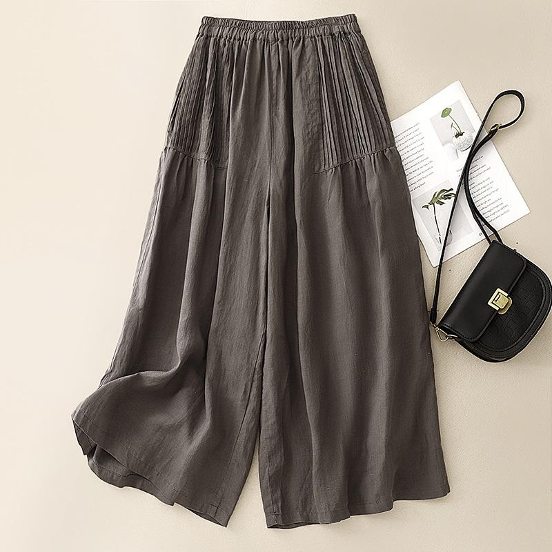 2025 Summer New Retro Pleated Solid Color Cotton and Linen Straight Nine-point Culottes Elastic Waist Foreign Wide-leg Pants Women