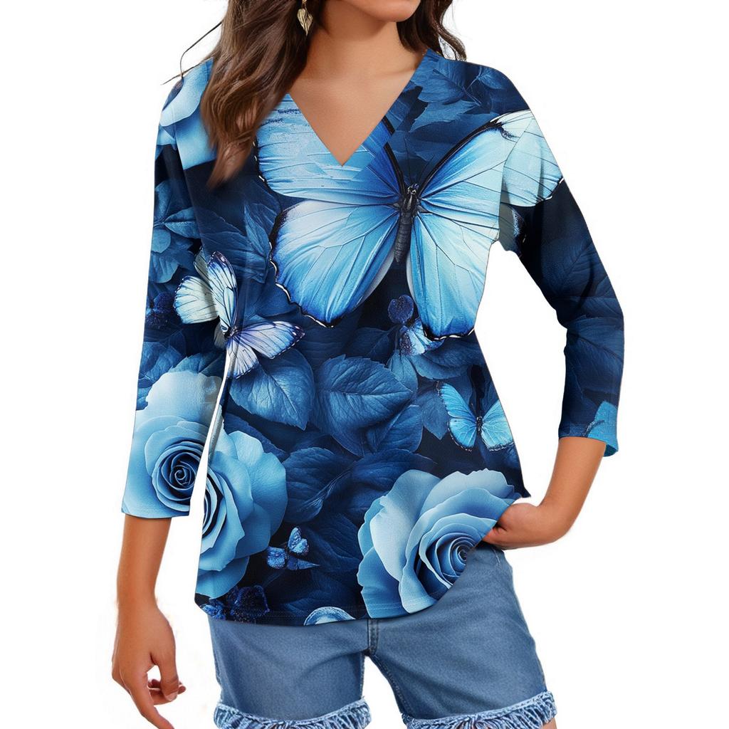 Women's Tops Three-quarter Sleeve Shirt V-neck Loose Casual Shirt Floral Print T-shirt