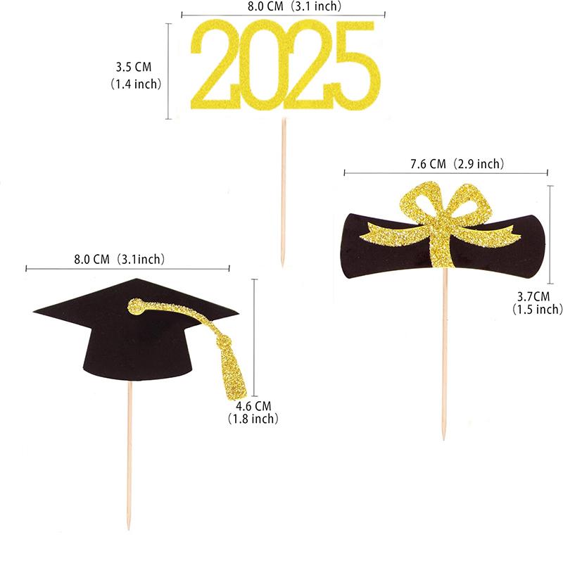 2025 Graduation Cupcake Toppers, 24Pcs Food/Appetizer Picks For Graduation Party Mini Cake Decorations, Diploma, 2025, Grad Cap