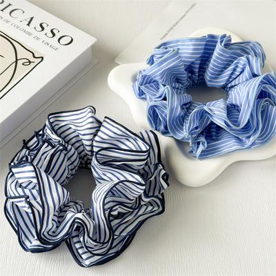 Trendiges gestreiftes blaues übergroßes mehrlagiges Scrunchie-Haarband Koreanisch übertrieben Pferdeschwanz Haargummis Frauen Mädchen Haarschmuck