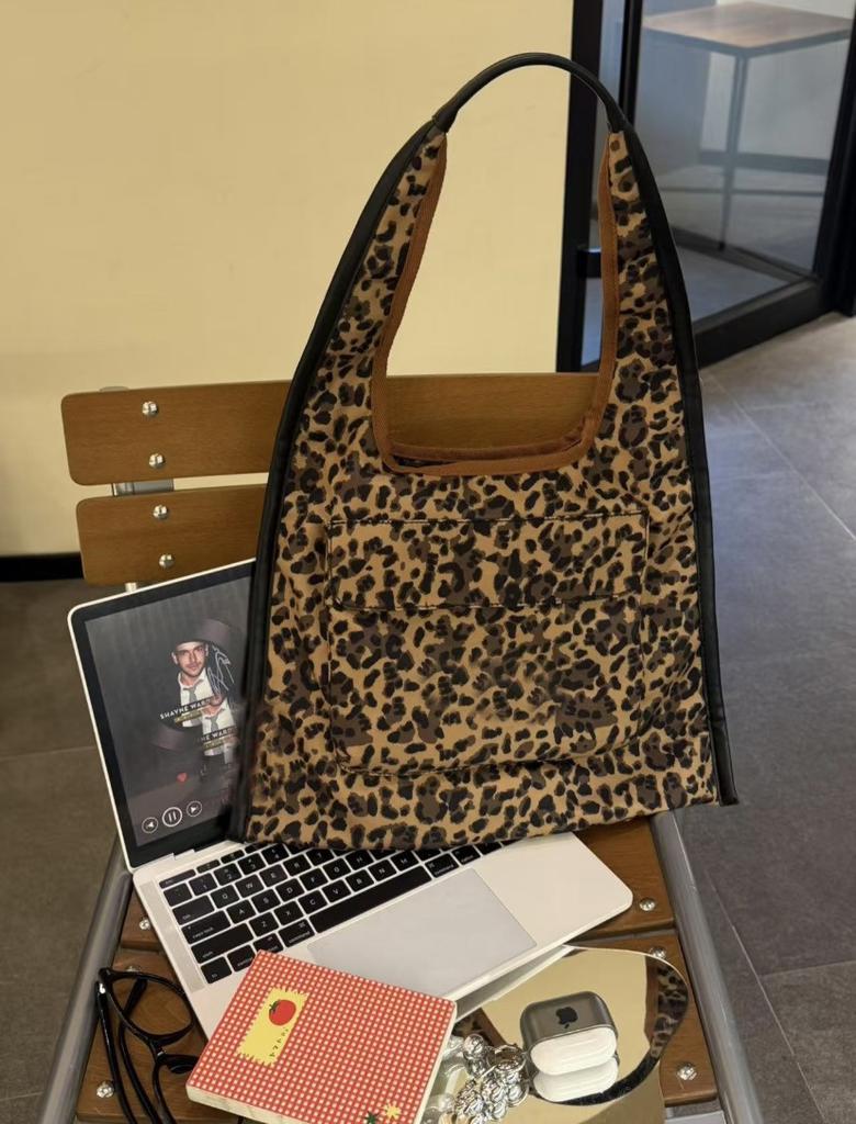 Leopard Print Lazy Wind Canvas Bag Women'S Large-Capacity Commuting Shoulder Handbag Casual Versatile Tote Bag