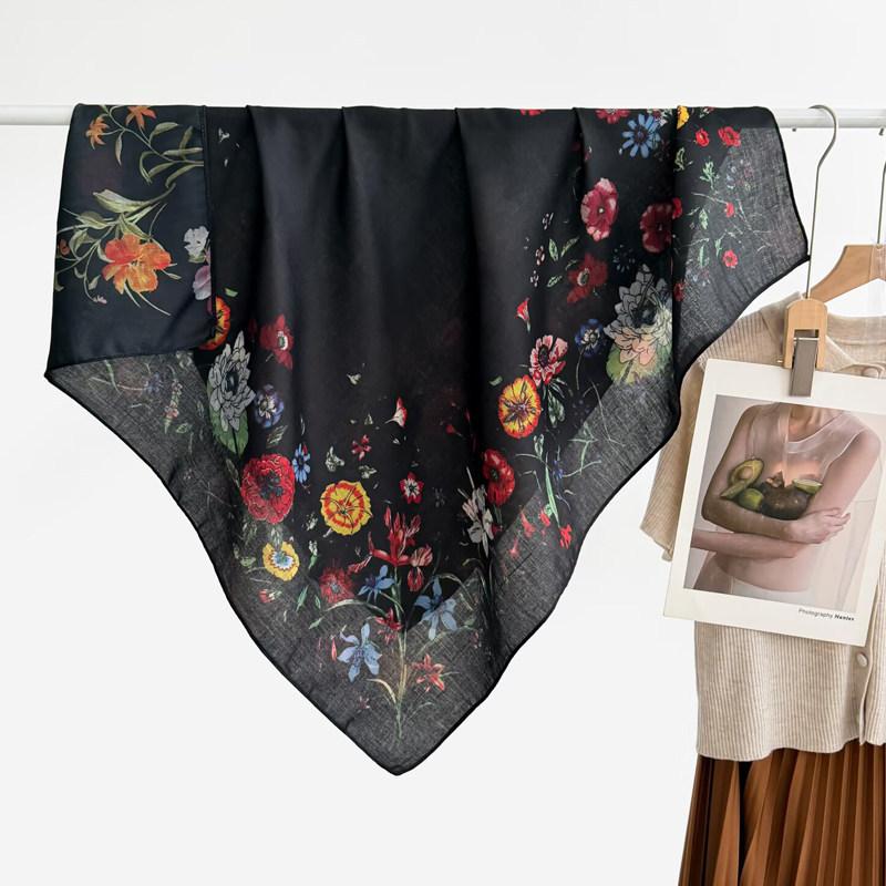 Pastoral Floral Velvet Double-sided Scarf 91 Large Square Scarf Women's Summer Travel Photo Silk Scarf Sun Protection Shawl