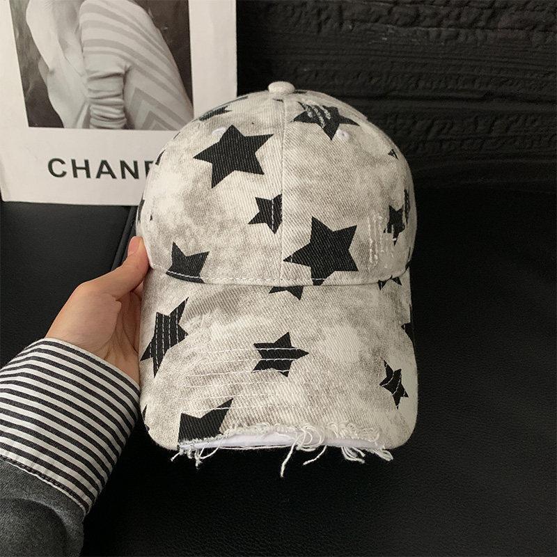 

American Retro Vintage Distressed Hole Star Print Baseball Cap Women Wide Brim Trendy Cool Hat With A Small Face Duckbill Average size 56-58cm білий