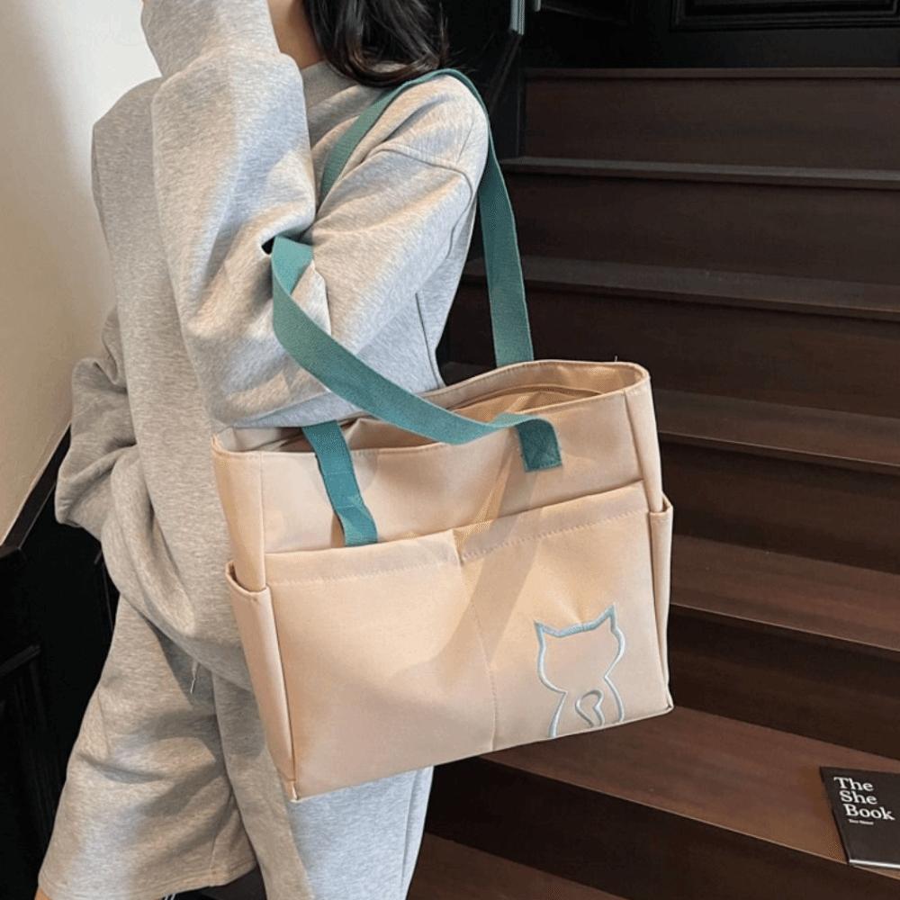 Embroidery Cat Lightweight Eco Bag Casual Nylon Shoulder Bag Nylon Tote Bag  Student