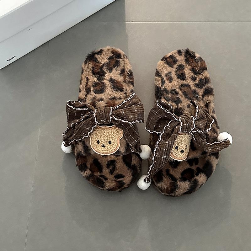 

Дизайнерские милые хлопковые туфли с леопардовым принтом и бантом, тапочки с пушистым медведем, осенне-зимняя модная одежда, пушистые тапочки для девочек 40 коричневый