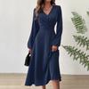 Women's Fashion Casual Solid Color V-neck Twisted Long-sleeve Dress