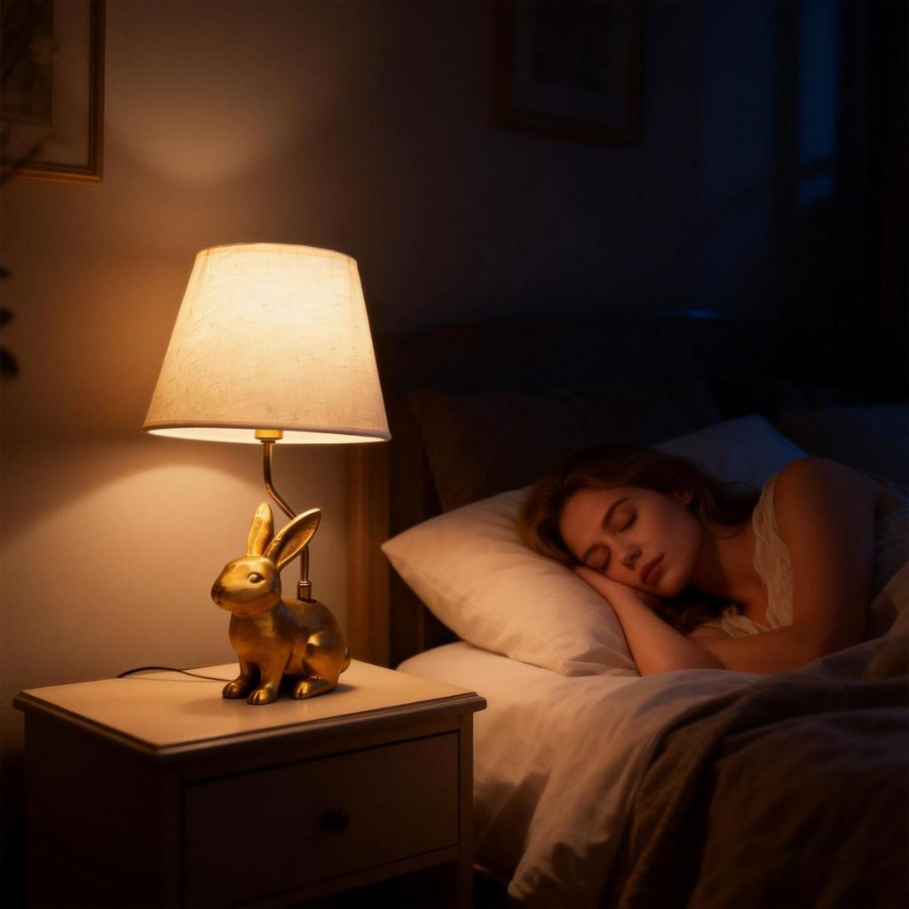 Golden Bunny Dog Resin Table Lamp With Linen Shade, Cute Desk And Bedside Lamp For Bedroom, Living Room Nightstand, Unique Home Deco