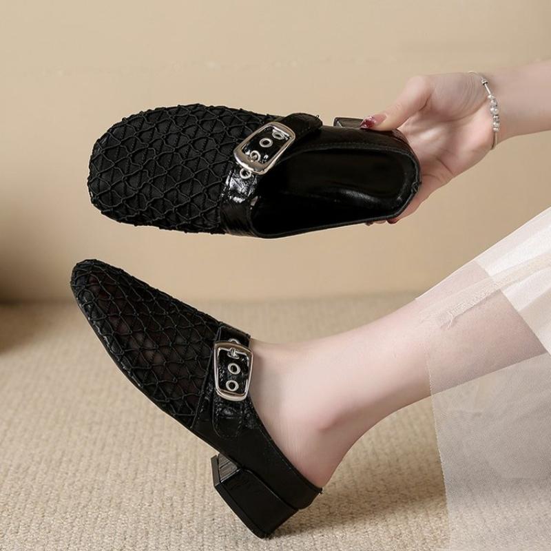 

In Summer Wear Round Toe Straight Buckles Casual and Comfortable Women s Flats Cut-out Mary Jane Single Shoes fishnet Shoes 35 чёрный