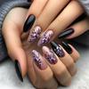 24Pcs Purple Flower Print Almond Coffin Press On Nails Wearable Fake Nail Tips For Women DIY Manicure