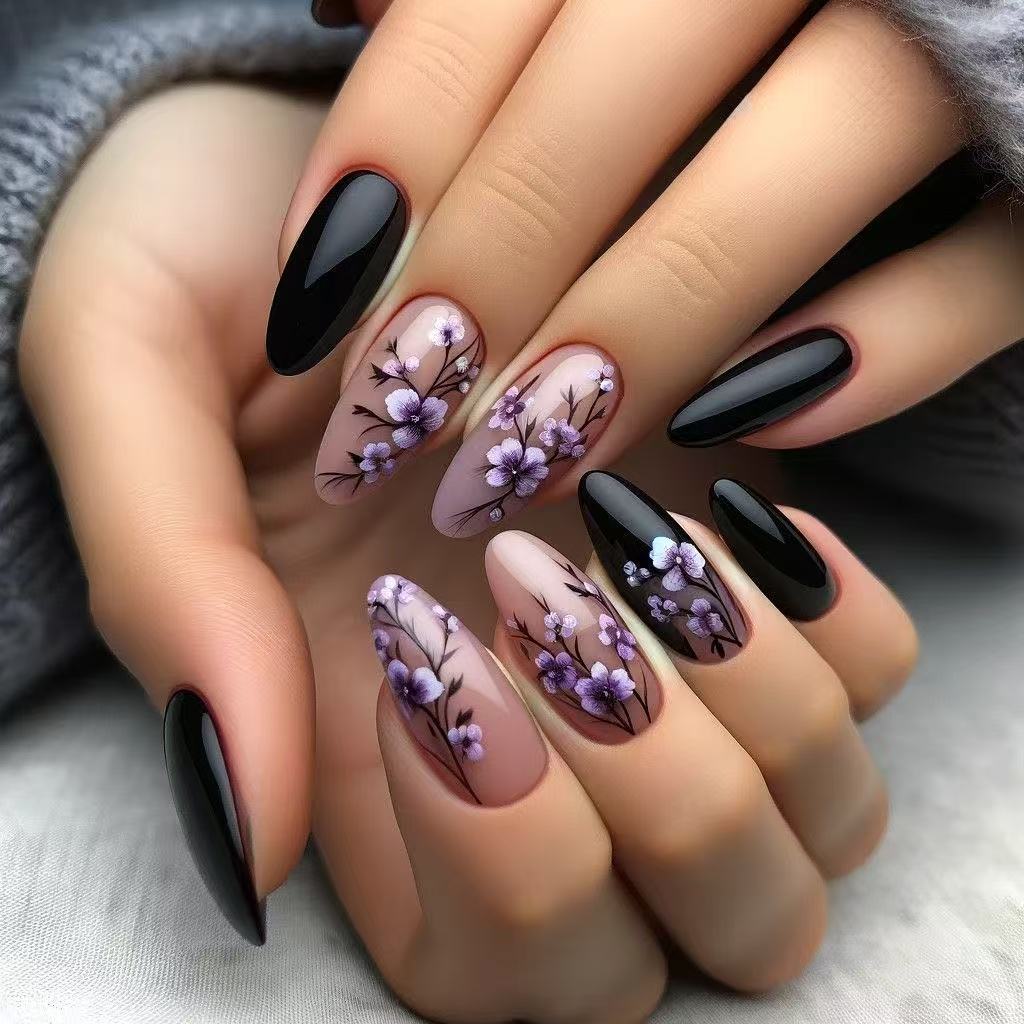 24Pcs Purple Flower Print Almond Coffin Press On Nails Wearable Fake Nail Tips For Women DIY Manicure