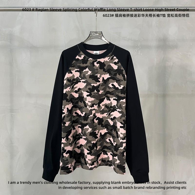 250g Vintage Camo Waffle Knit Raglan Sleeve Boxy Fit Long T-Shirt Couples